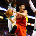 Jeremy Lin looks to pass against the Boston Celtics