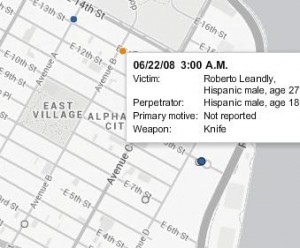 This map shows homocides in Alphabet City from 2003-2011