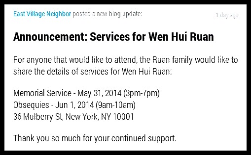Family to Hold Public Memorial Service for Wen Hui Ruan