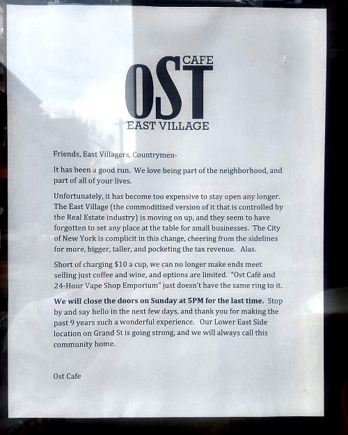 ost cafe note closes in East Village
