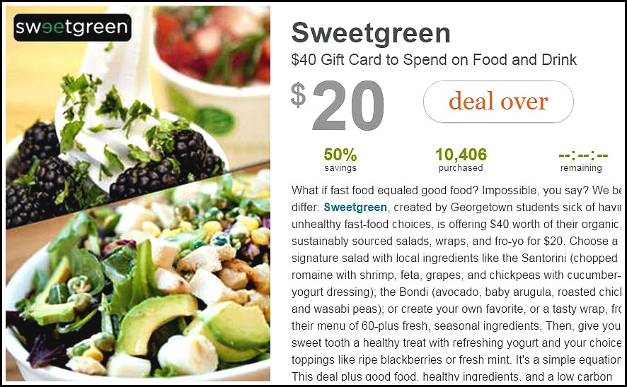 All the sweetgreen deals and coupons found on Groupon, Living Social or Gilt City